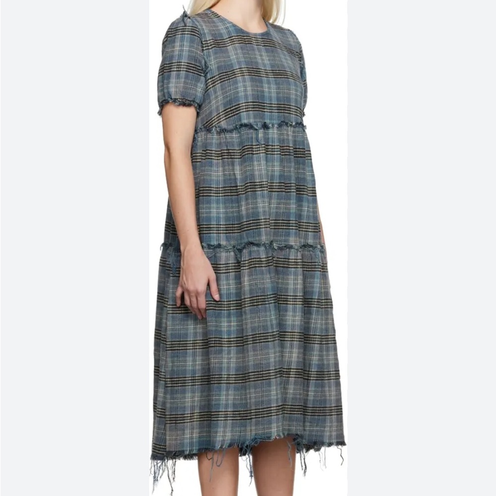 R13 SHREDDED RELAXED MIDI DRESS Plaid Blue Midi Dress